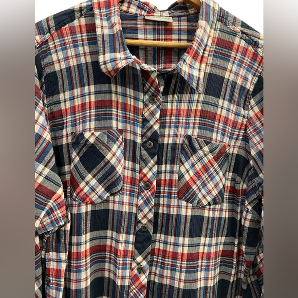 Catherines Women's 3X Blue Red Plaid Button Down Roll Tab Sleeve Western - Picture 2 of 7